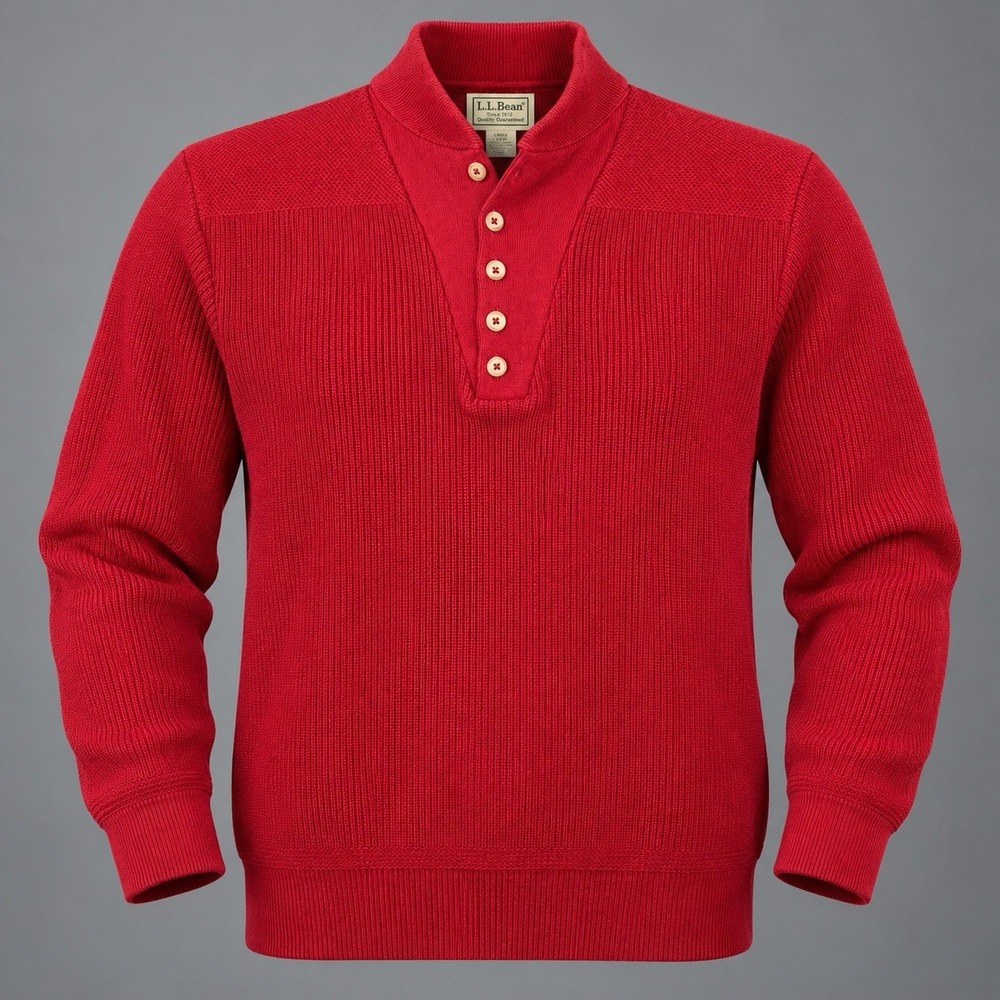 Vintage LL Bean Men's 100% Cotton Knit Henley Sweater Red Size Large Made In USA